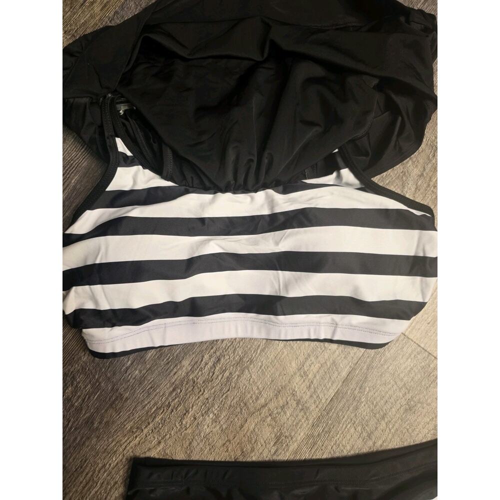 Holipick Tankini Swimsuit Womens Medium 2 Piece Black White Striped Boy Shorts - Picture 3 of 6